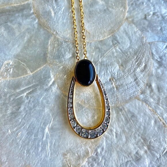 Gold Necklace with Black Cabochon and CZ - Picture 2 of 7